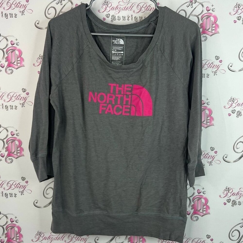 The North Face pull over top shirt Charcoal Top with Vibrant Pink Logo